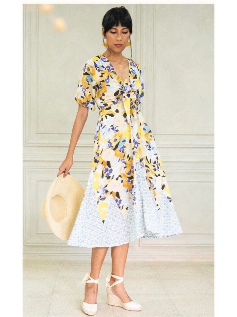 Marana Tha RAYA Floral Tie Front Button Down Midi Dress Pockets Small
